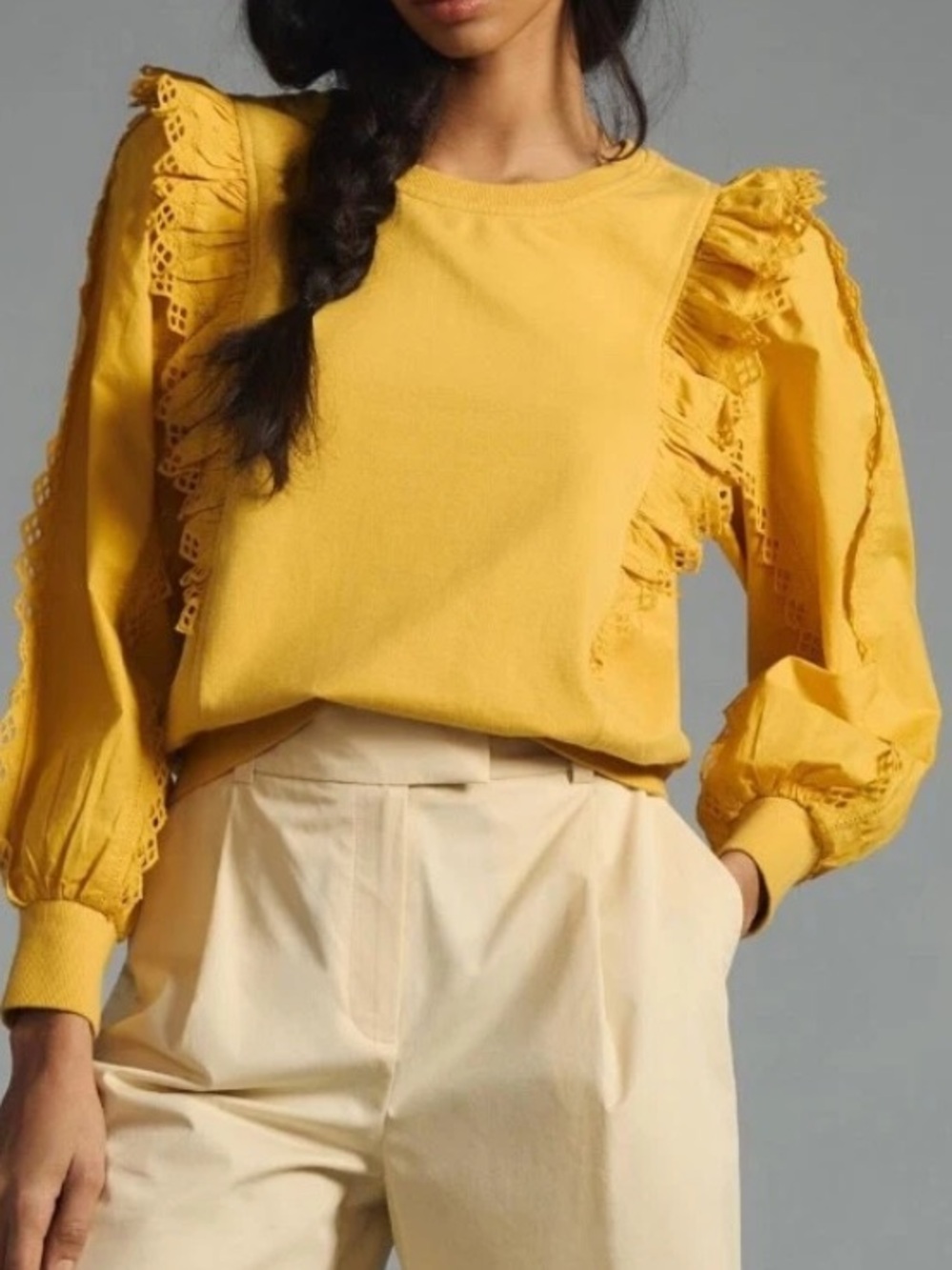 Anthropologie Sunflower Yellow Ruffle Sleeve French Terry Top Sz L
